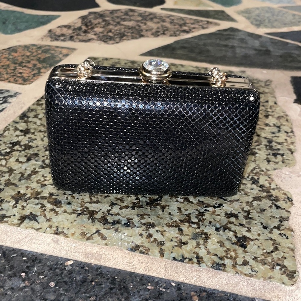 SONDRA ROBERTS Shoulder-Bag Box Clutch Hard-Case-Mesh Rhinestone Clasp Metallic - Picture 2 of 7